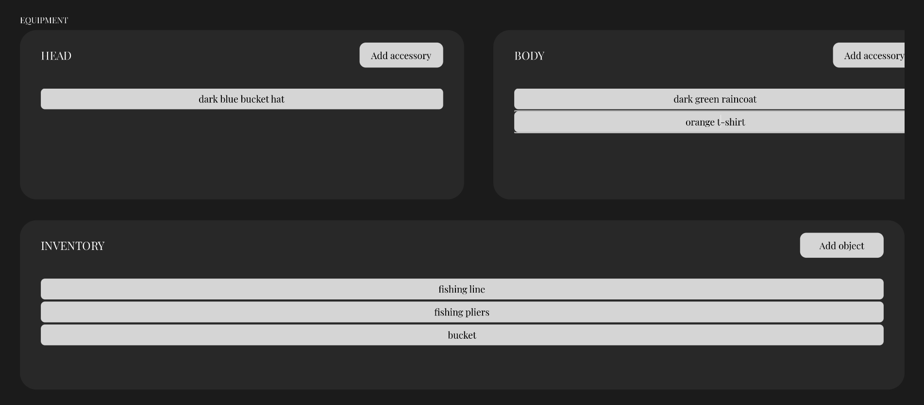 Inventory and Equipment management, showing slots for Head, Body, Feet, and items like keys.